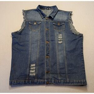 Nasky Dark Wash Distressed Ripped Denim Vest Sleeveless Retro Jean Jacket 2XL